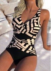ROTITA Criss Cross Light Coffee Geometric Print One Piece Swimwear