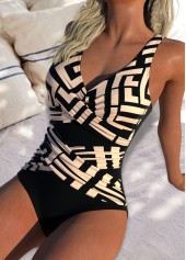 Light Coffee swimwear,Geometric swimwear,ROTITA Criss Cross Light Coffee Geometric Print One Piece Swimwear