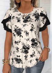 Beige tops,Floral tops,Plants tops,ROTITA Floral Print Beige Blouse