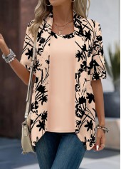 Dusty Pink tops,Floral tops,Plants tops,ROTITA Button Floral Print Dusty Pink Fake Two Piece Twinset