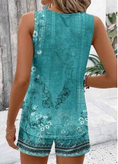 Cyan tops,Floral tops,Plants tops,ROTITA Two Piece Floral Print Cyan Sleeveless Top and Shorts