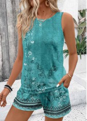 Cyan tops,Floral tops,Plants tops,ROTITA Two Piece Floral Print Cyan Sleeveless Top and Shorts