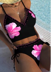 Black swimwear,Floral swimwear,Plants swimwear,ROTITA Tie Black Floral Print Mid Waisted Bikini Set