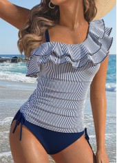 Navy swimwear,Striped swimwear,Geometric swimwear,ROTITA Patchwork Navy Striped Mid Waisted Tankini Set
