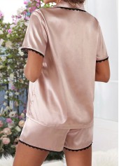 Light Pink loungewear,Contrast Color loungewear,Light Pink Turn Down Collar Lounge Top and Shorts