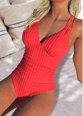 Coral swimwear,Plain Color swimwear,ROTITA Cut Out Coral V Neck One Piece Swimwear