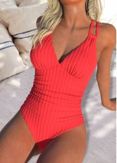 Coral swimwear,Plain Color swimwear,ROTITA Cut Out Coral V Neck One Piece Swimwear