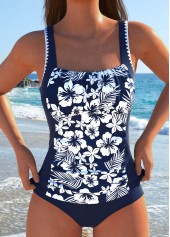 Navy swimwear,Floral swimwear,Plants swimwear,ROTITA Cut Out Navy Floral Print Mid Waisted Tankini Set