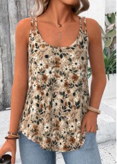 Light Camel tops,Floral tops,Plants tops,ROTITA Jacquard Floral Print Light Camel Scoop Neck Camisole Top