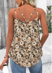 Light Camel tops,Floral tops,Plants tops,ROTITA Jacquard Floral Print Light Camel Scoop Neck Camisole Top