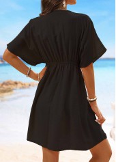 Black swimwear,Plain Color swimwear,Embroidery Short Sleeve Black V Neck Cover Up
