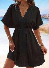 Black swimwear,Plain Color swimwear,Embroidery Short Sleeve Black V Neck Cover Up