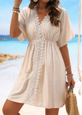 Beige swimwear,Plain Color swimwear,Embroidery Beige V Neck Patchwork Cover Up