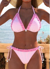 ensemble bikini taille basse à rayures rose clair à volants rotita