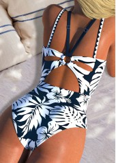 maillot de bain une pièce à imprimé floral bleu marine avec anneau circulaire rotita