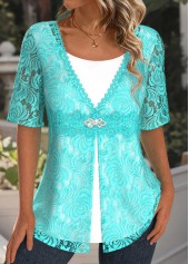 Cyan tops,Plain Color tops,ROTITA Lace Cyan Round Neck Fake Two Piece Twinset