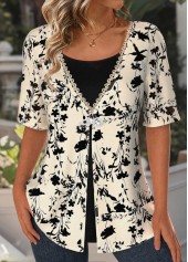 ROTITA Lace Floral Print Light Camel Fake Two Piece Twinset