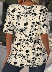 Light Camel tops,Floral tops,Plants tops,ROTITA Lace Floral Print Light Camel Fake Two Piece Twinset