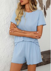Light Blue loungewear,Plain Color loungewear,Light Blue Round Neck Lounge Top and Shorts