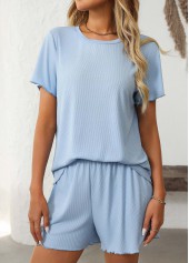 Light Blue loungewear,Plain Color loungewear,Light Blue Round Neck Lounge Top and Shorts