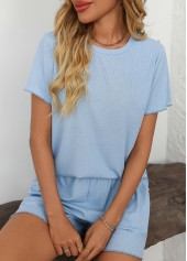 Light Blue loungewear,Plain Color loungewear,Light Blue Round Neck Lounge Top and Shorts