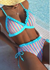 ensemble bikini taille moyenne à rayures cyan à volants rotita