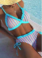 Cyan swimwear,Striped swimwear,Geometric swimwear,ROTITA Frill Cyan Striped Mid Waisted Bikini Set
