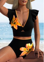 ROTITA Contrast Binding Black Floral Print High Waisted Bikini Set