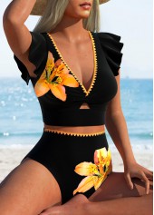 Black swimwear,Floral swimwear,Plants swimwear,ROTITA Contrast Binding Black Floral Print High Waisted Bikini Set