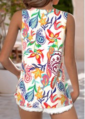 Multi Color tops,Plants tops,ROTITA Breathable Plants Print Multi Color V Neck Tank Top