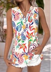 Multi Color tops,Plants tops,ROTITA Breathable Plants Print Multi Color V Neck Tank Top