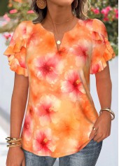 Orange tops,Floral tops,Plants tops,ROTITA Plus Size Orange Floral Print Blouse