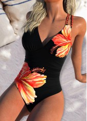 Orange swimwear,Floral swimwear,Plants swimwear,ROTITA Circular Ring Orange Floral Print One Piece Swimwear