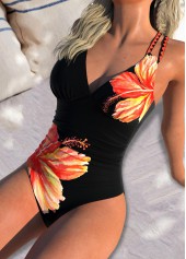 Orange swimwear,Floral swimwear,Plants swimwear,ROTITA Circular Ring Orange Floral Print One Piece Swimwear