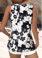 Black tops,Floral tops,Plants tops,ROTITA Breathable Floral Print Black V Neck Sleeveless Tank Top