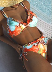 ROTITA Ruched Orange Floral Print Mid Waisted Bikini Set