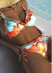 Orange swimwear,Floral swimwear,Plants swimwear,ROTITA Ruched Orange Floral Print Mid Waisted Bikini Set