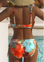 Orange swimwear,Floral swimwear,Plants swimwear,ROTITA Ruched Orange Floral Print Mid Waisted Bikini Set