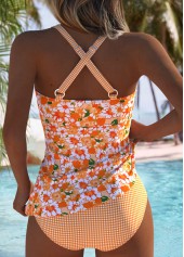 Orange swimwear,Floral swimwear,Plants swimwear,ROTITA Criss Cross Orange Floral Print Mid Waisted Tankini Set