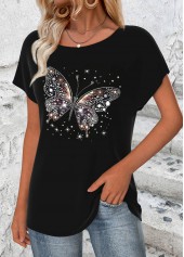 Black tops,Animal Print tops,ROTITA Butterfly Print Black Round Neck Short Sleeve T Shirt