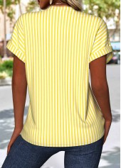 Light Yellow tops,Striped tops,Geometric tops,ROTITA Striped Light Yellow Split Neck Short Sleeve Blouse