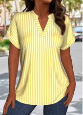 Light Yellow tops,Striped tops,Geometric tops,ROTITA Striped Light Yellow Split Neck Short Sleeve Blouse