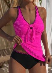 Hot Pink swimwear,Plain Color swimwear,ROTITA Jacquard Hot Pink Mid Waisted Tankini Set