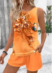 Orange tops,Floral tops,Plants tops,ROTITA Two Piece Floral Print Orange Sleeveless Top and Shorts