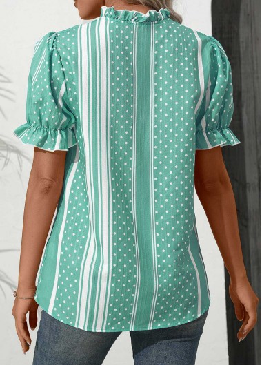 Mint Green tops,Striped tops,Dot tops,ROTITA Frill Striped Mint Green Split Neck Blouse