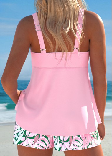 Light Pink swimwear,Plants swimwear,ROTITA Drawstring Light Pink Tropical Plants Print Tankini Set