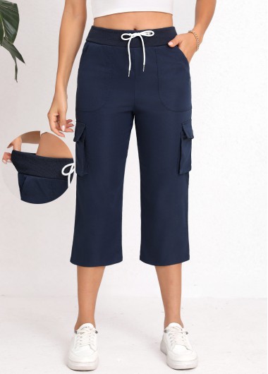 Navy bottoms,Plain Color bottoms,Lace Up Navy Straight Leg Elastic Waist Pants