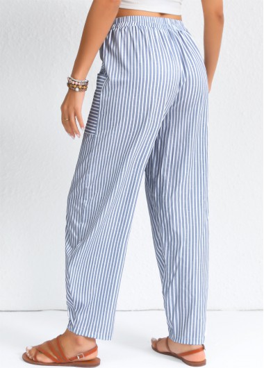 Dusty Blue bottoms,Striped bottoms,Geometric bottoms,Patchwork Striped Dusty Blue Elastic Waist High Waisted Pants