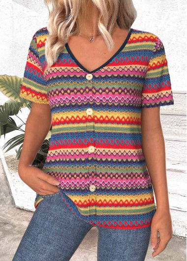 Multi Color tops,Tribal tops,ROTITA Button Tribal Print Multi Color V Neck T Shirt