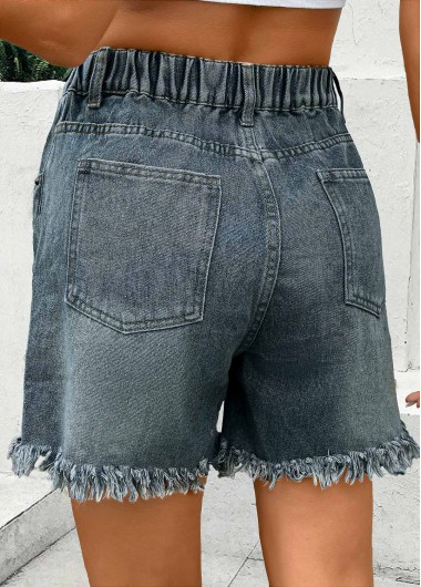 Denim Blue bottoms,Plain Color bottoms,Denim Blue Straight Leg High Waisted Button Fly Shorts